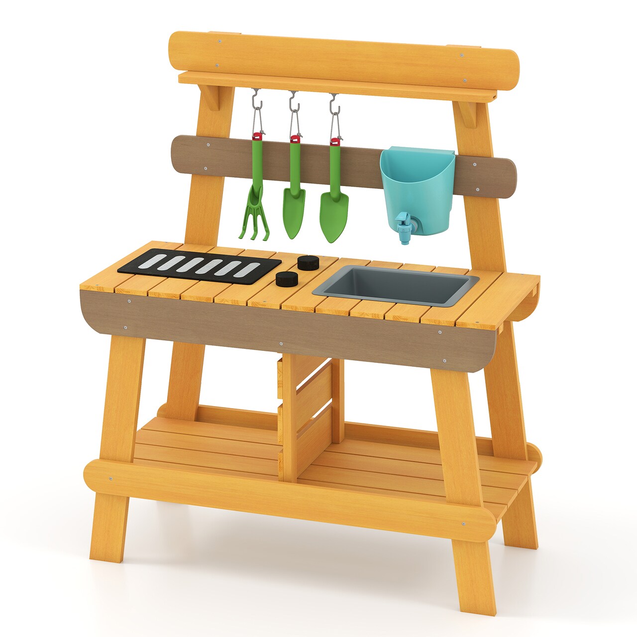 Natural Kids Outdoor Mud Kitchen with Grill Sink Faucet Fir Wood 30 Inch